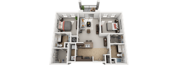 A 3D floor plan of a house with two bedrooms, a living room, a kitchen, and a bathroom.
