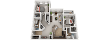 A 3D floor plan of a small apartment with a kitchen, living room, and bedrooms.