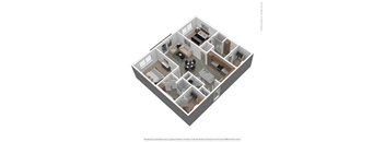 A 3D floor plan of a house with a kitchen, living room, and bedrooms.