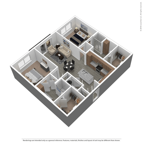 A 3D floor plan of a house with a kitchen, living room, and bedrooms.
