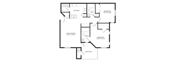 A black and white image of a floor plan for a home with a living room, kitchen, two bedrooms, a bath, and a balcony.