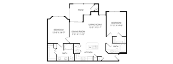 A black and white image of a house floor plan with a patio, three bedrooms, a living room, a dining room, a kitchen, and two bathrooms.