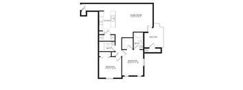 A black and white image of a floor plan for a home with a living room, kitchen, balcony, and two bathrooms.