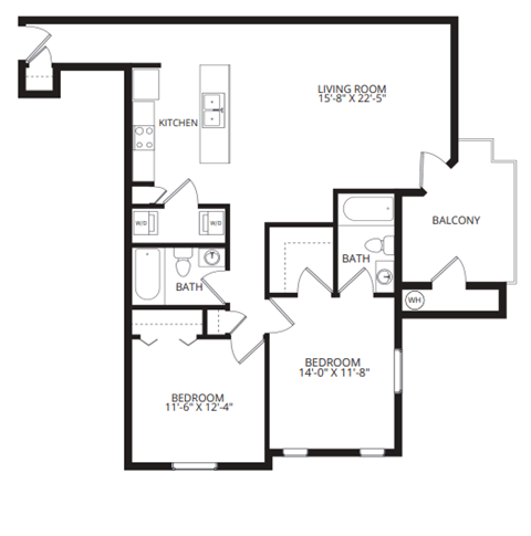 A black and white image of a floor plan for a home with a living room, kitchen, balcony, and two bathrooms.
