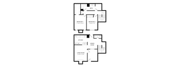 A floor plan of a two bedroom apartment with a living room, kitchen and dining room.