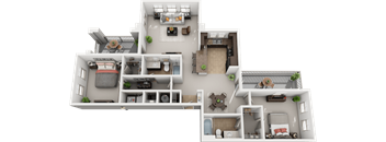 A 3D floor plan of a house with multiple rooms and furniture.