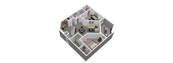 A 3D image of a house layout with a kitchen, living room, and bedrooms.