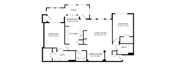 A black and white image of a house floor plan with a patio, breakfast nook, and multiple bedrooms.