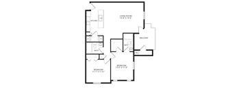 A black and white image of a house floor plan with a living room, kitchen, two bathrooms, a balcony, and two bedrooms.