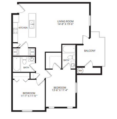A black and white image of a house floor plan with a living room, kitchen, two bathrooms, a balcony, and two bedrooms.