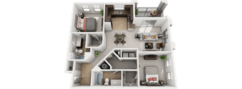 A 3D floor plan of a house with multiple rooms and furniture.