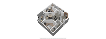 A 3D floor plan of a house with a kitchen, living room, and two bedrooms.