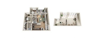 a stylized view of a floor plan with a bedroom and living room