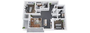 A top-down view of a small apartment with a living room, kitchen, and bedroom.