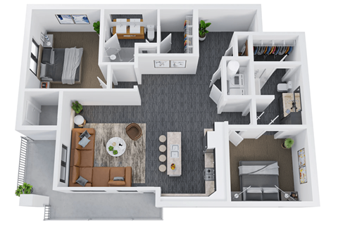A top-down view of a small apartment with a living room, kitchen, and bedroom.