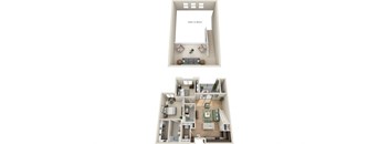 a stylized floor plan with a bedroom and a living room