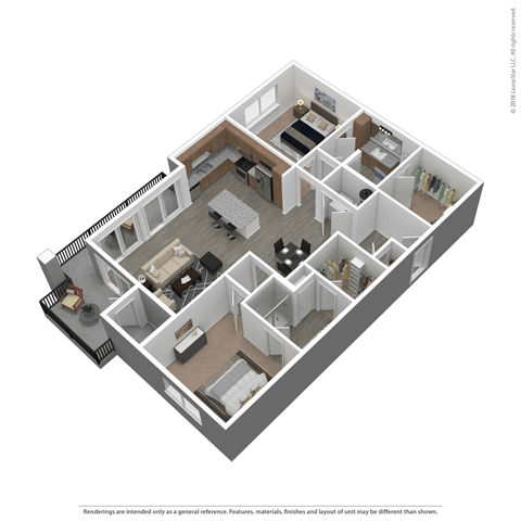 A 3D floor plan of a house with multiple rooms.