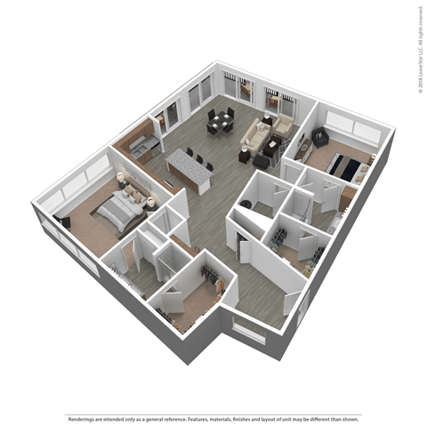 A 3D floor plan of a house with multiple rooms.