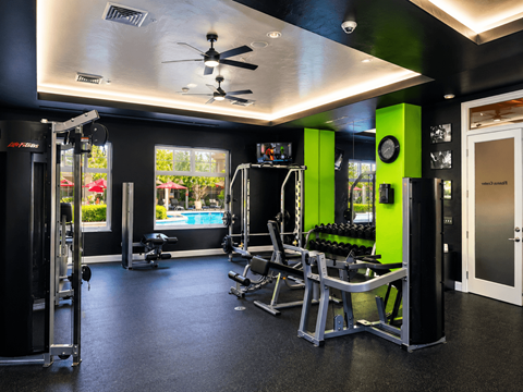 A gym with a variety of equipment including a treadmill, weights, and a bench press.