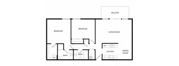 A floor plan of a house with two bedrooms, a living room, a kitchen, a dining room, and two bathrooms.