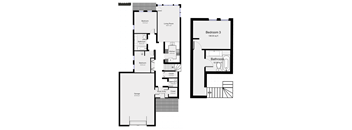 A floor plan of a house with three bedrooms, a living room, a kitchen, a bathroom, a garage, and an attic space.