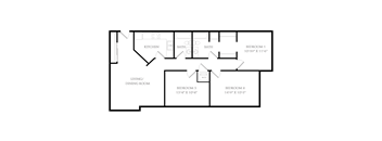 A floor plan of a house with a living and dining room, kitchen, and three bedrooms.
