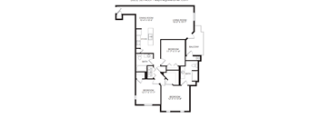 A black and white image of a house floor plan with a dining room, living room, kitchen, bath, and four bedrooms.