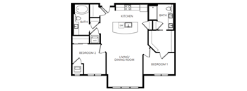 A black and white image of a floor plan for a house with two bedrooms, a living/dining room, a kitchen, and two bathrooms.