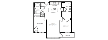 A black and white image of a floor plan for a house with two bedrooms, a living room, a kitchen, a bath, and a balcony.