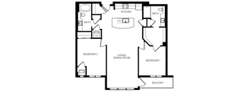 A black and white image of a house floor plan with a living room, dining room, kitchen, two bathrooms, and two bedrooms.