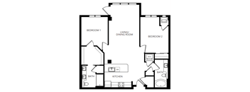 A black and white image of a house floor plan with two bedrooms, a living/dining room, a kitchen, and two bathrooms.