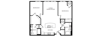 A black and white image of a house floor plan with two bedrooms, a living/dining room, a kitchen, and two bathrooms.