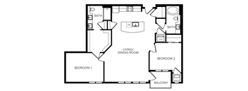 A floor plan of a home with two bedrooms, a living/dining room, a balcony, and two bathrooms.