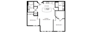 A floor plan of a house with two bedrooms, a living/dining room, a kitchen, and two bathrooms.