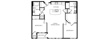 A black and white image of a house floor plan with a living room, dining room, kitchen, two bedrooms, and a balcony.