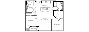 A black and white image of a floor plan for a home with a kitchen, living room, dining room, bedrooms, and a balcony.