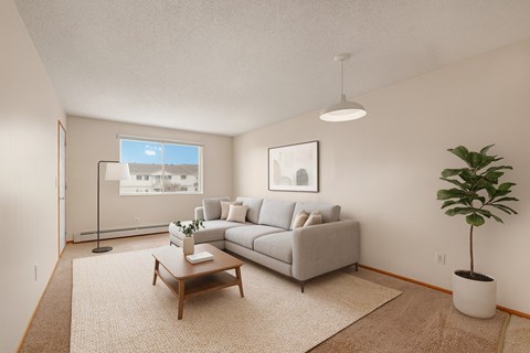 A living room with a grey couch, a coffee table, and a potted plant.