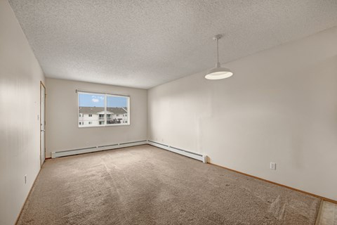 A spacious, empty living area here at Aspen Terrace with soft beige carpeting, neutral walls, and a large window that brings in natural light. A modern pendant light and open layout create a bright, comfortable feel.