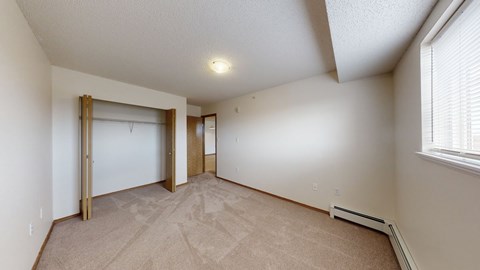A spacious, empty bedroom here at Birch Terrace with soft beige carpet, light walls, and warm overhead lighting. A large window with blinds brings in natural light, and an open closet with sliding wood doors provides convenient storage.