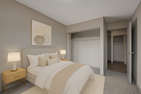 A bedroom with a large bed and a painting on the wall.