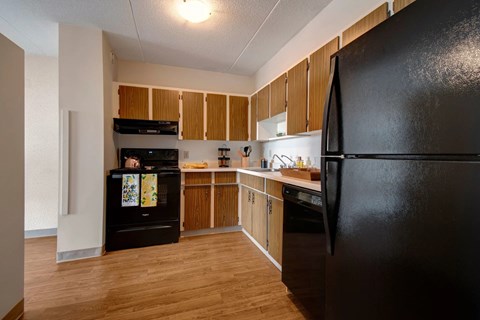 A black refrigerator is in the corner of a kitchen.