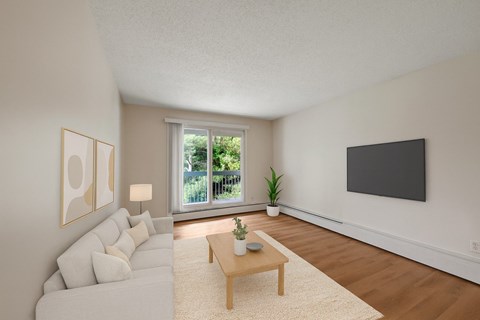 A living room with a couch, a coffee table, a plant, and a flat screen TV.