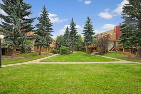 A peaceful courtyard at Lakewood Heights featuring manicured green lawns, mature trees, walking paths, and a quiet community setting that offers a relaxed, park-like vibe right outside your door.