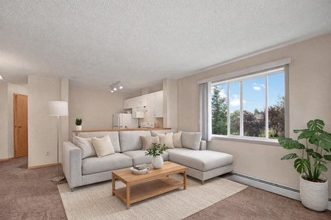 A living room with a grey couch, a wooden coffee table, and a potted plant.