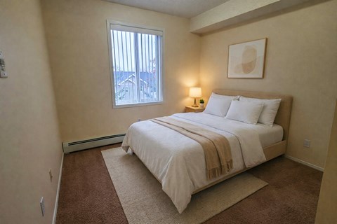 A bedroom with a large bed and a window.