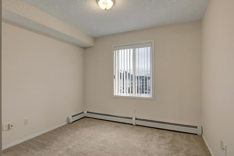 A room with a window and a carpeted floor.