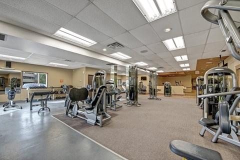 A well-equipped fitness center here at Ranchlands featuring a spacious layout with strength training machines, free weights, and cardio equipment arranged across carpeted and rubber flooring, complemented by mirrored walls, overhead lighting, and neutral finishes that support a comfortable workout environment.