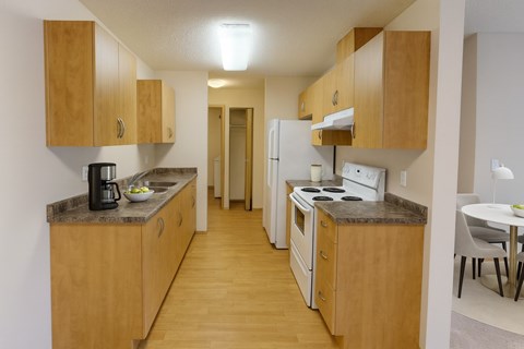 A kitchen with wooden cabinets and a white refrigerator.