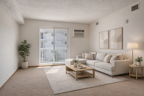 A bright and modern living room here at Villagio featuring neutral carpet flooring, a light gray sectional sofa with coordinating throw pillows, a wooden coffee table atop a soft area rug, abstract wall art, a floor lamp, indoor plants, and sliding glass doors leading to a private balcony that fills the space with natural light.