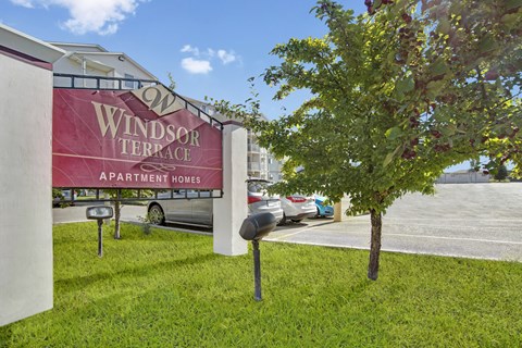 A bright community entrance sign here at Windsor Terrace reading “Windsor Terrace Apartment Homes,” set beside a green lawn and a leafy tree. A parking area and the apartment building are visible in the background under a clear blue sky.